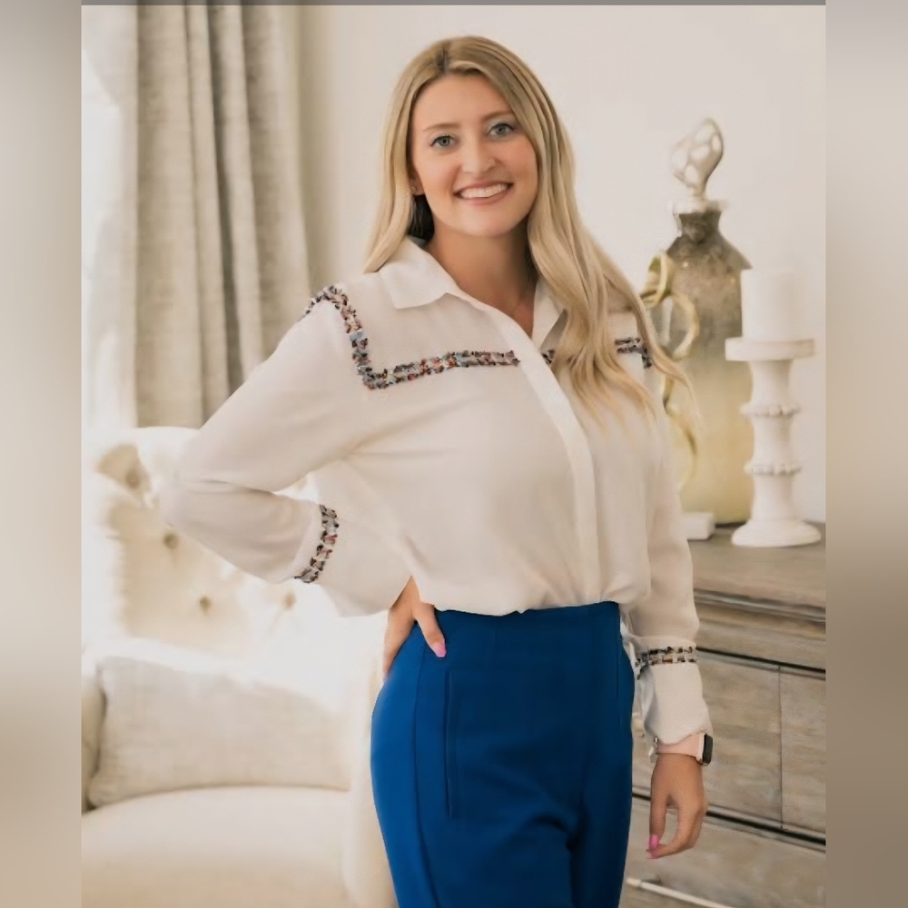 Zara White Button Down Blouse with Notched Collar and Embellished Trim